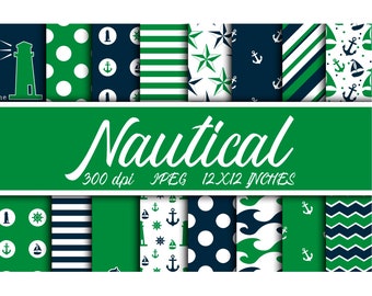 Nautical Paper Pack, Green and Navy, Scrapbooking, Card Making (Digital Download)