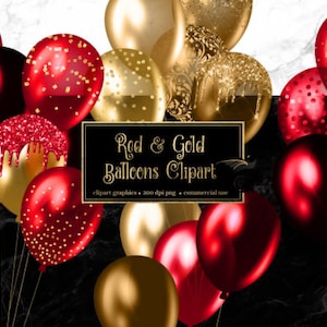 Globos Clipart, Globo Brillante Clipart Confeti Globos Fiesta Clipart Cumpleaños Globos Manojo de Globos Celebración Rojo y Oro