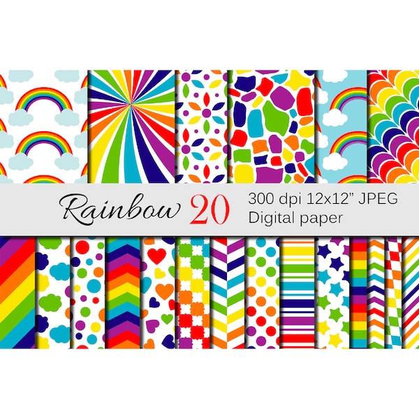Rainbow Digital Paper Pack, Digital Download, Scrapbooking Paper, Paper crafts, Rainbow Backgrounds, Rainbow Wallpaper, Polka Dots, Stripes