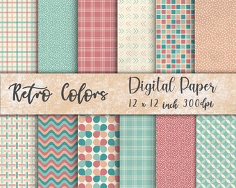 Retro Colors Digital Paper Pack, Scrapbook Backgrounds (JPG, 12x12 inch)