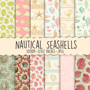 Puede incluir: Doce diseños de papel digital con varios conchas marinas, estrellas de mar y corales en un tema náutico. Los papeles son de 12x12 pulgadas y 300 DPI.