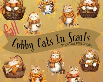Autumn Cat Clipart: Whimsical Cats in Scarves (PNG, 300dpi)