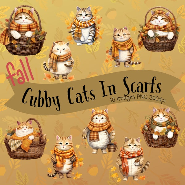 Adorable Autumn Cat Clipart with Scarves Whimsical fall Cubby Cat Clipart Fall Themed Cat Clipart Cat Clipart for digital Crafts Card Making