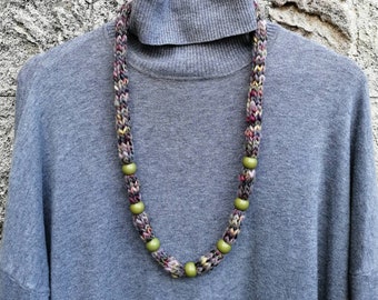 Multicolored knitted & beaded necklace, 15mm acrylic beads in olive green or light purple color, knitted yarn cord