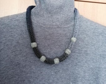 Gray - blue knitted & beaded necklace, 15*20mm gray acrylic beads, knitted yarn cord