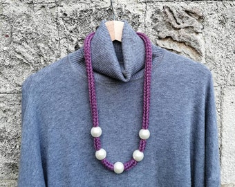 Purple or gray knitted & beaded necklace, 25mm pearl acrylic beads, knitted yarn cord