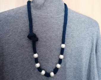 Knitted necklace, 20mm pearl acrylic beads, knitted yarn cord in 7 colors and 2 lengths to choose from