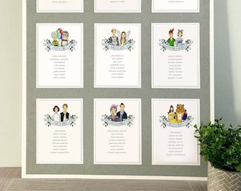 Wedding Table Seating Chart Cards | Custom Illustrated Table Plan Cards | Famous Couples Table Names | Seating Chart | Caricature Table Plan