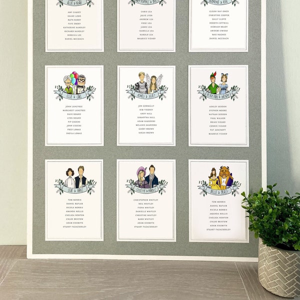 Wedding Table Seating Chart Cards | Custom Illustrated Table Plan Cards | Famous Couples Table Names | Seating Chart | Caricature Table Plan