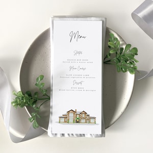 Contemporary Wedding Menu Cards With Venue Illustration | Custom Table Menu Cards | Elegant Dinner Menu Cards | Modern Wedding Table Menu