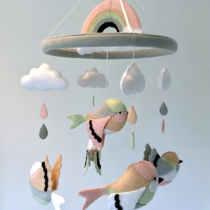 Bird Baby Mobile: Wool Felt Rainbow Cloud Nursery Decor