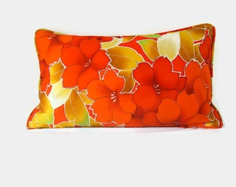 Orange Silk Pillow, Kimono Silk Pillow, Decorative Floral Silk Scatter Cushion, Japanese Cushion Cover, Floral Throw Pillow