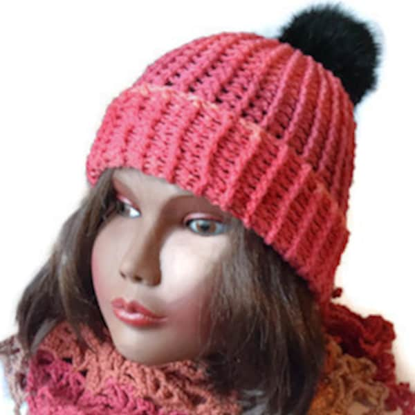 Bonnet femme corail pompon amovible fausse fourrure noir, bonnet vegan femme,bonnet style bohème coloré,bonnet femme dégradé corail,chic gai