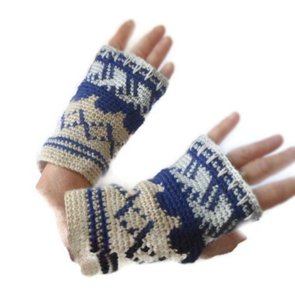 Mitaines laine style ethnique,inspiration wayuu,gants sans doigts style ethnique,mitaines bleu marine beige au crochet,manchettes ethniques