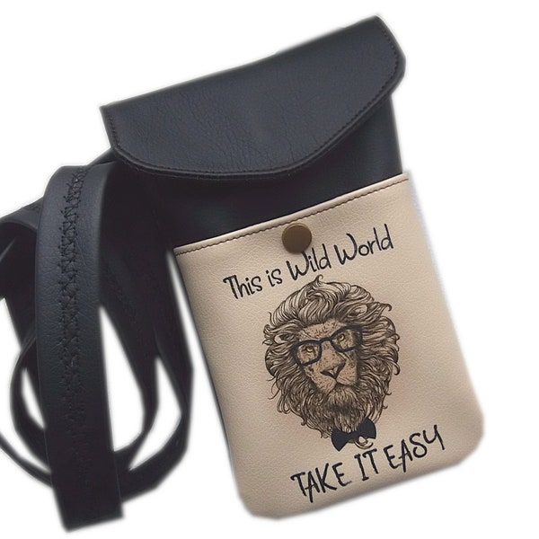 Housse smartphone bandoulière lion, pochette smartphone humour,housse étui portable lion, housse étui iphone lion, cadeau pour homme