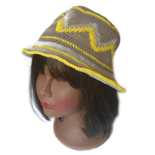 Chapeau femme, style ethnique wayuu, fait main au crochet, coton gris et jaune, chapeau vegan, pour le printemps ou l'automne, hippie chic