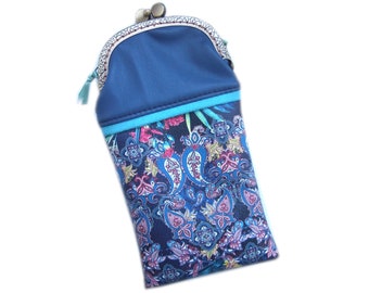 Etui à lunettes style rétro fleurs en simili cuir bleu,housse pour lunettes fermoir rétro imprimé fleurs,pochette lunettes fleurs bleu foncé