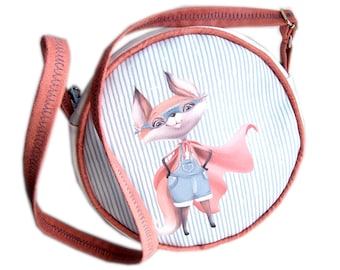 Tamburin-Tasche für Kinder, süße Tasche mit Fuchs-Aufdruck, runde blau-rosa Umhängetasche für Kinder, runde Umhängetasche für Kinder mit Fuchs-Aufdruck
