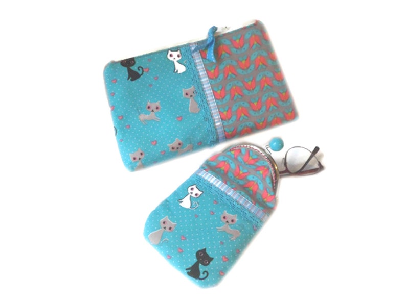 Trousse maquillage chat noir,trousse maquillage chat blanc,trousse turquoise,trousse crayons,fourre tout chat,trousse animaux,pour voyage image 6