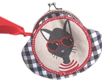 Porte monnaie à carreaux noir et blanc chat gris,porte monnaie original et tendance,bourse tête de chat,cadeau pour les amoureux des chats