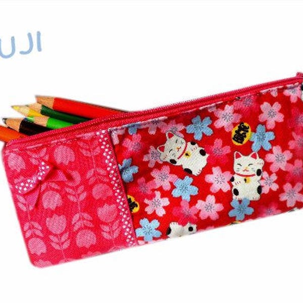 Trousse chats trousse école accessoire chat trousse animal trousse maneki neko trousse femme tissu japonais  fleurs rose fuchsia bleu blanc