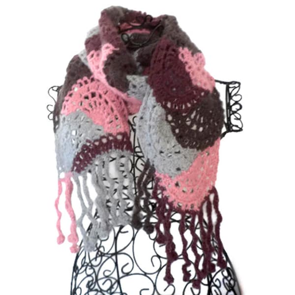 Echarpe vegane,écharpe crochet,écharpe bohème,écharpe hippie,écharpe boho,écharpe mode,écharpe originale,écharpe rose gris foncé bordeaux