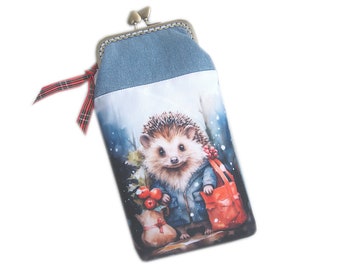 hedgehog glasses case, waterproof fabric, retro clasp, denim blue waterproof fabric, glasses cover, hedgehog fan