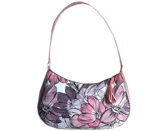 Pink and gray shoulder bag, faux leather pink flower bag, pink flower handbag, ceremony bag, wedding bag, 90s style summer bag