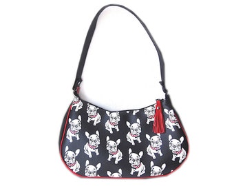 Bulldog print shoulder bag, bulldog print faux leather bag, black and red baguette bag, bulldog print hobo bag