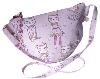 Sac bandoulière rose pour enfant imprimé chat et danse,pochette bandoulière pour fan danse,sac rose fan danse,sac demi lune danseuse fille