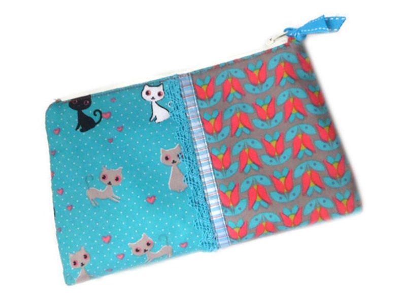 Trousse maquillage chat noir,trousse maquillage chat blanc,trousse turquoise,trousse crayons,fourre tout chat,trousse animaux,pour voyage image 1