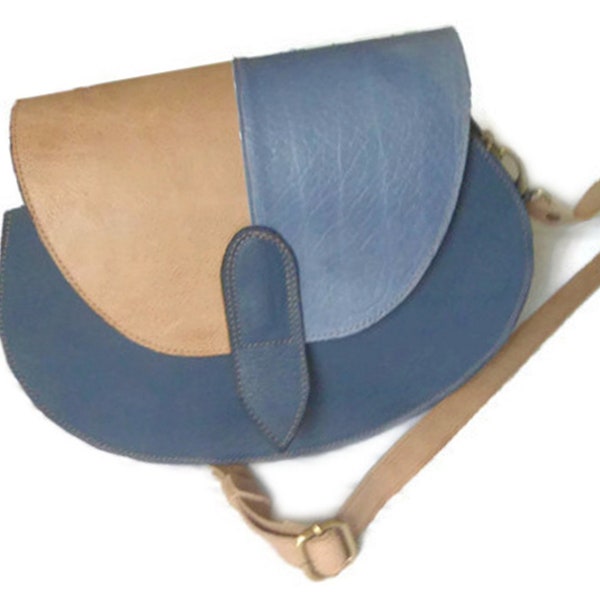 Sac besace en cuir bleu jean beige,sac bandoulière femme,sac à main cuir bleu jean,sac bohème chic, sac hippie chic, beau cadeau femme