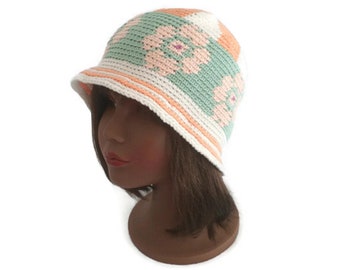 Chapeau femme été au crochet fait main, chapeau cloche été crochet coton, bob femme coton été,chapeau style wayuu, chapeau style hippie chic