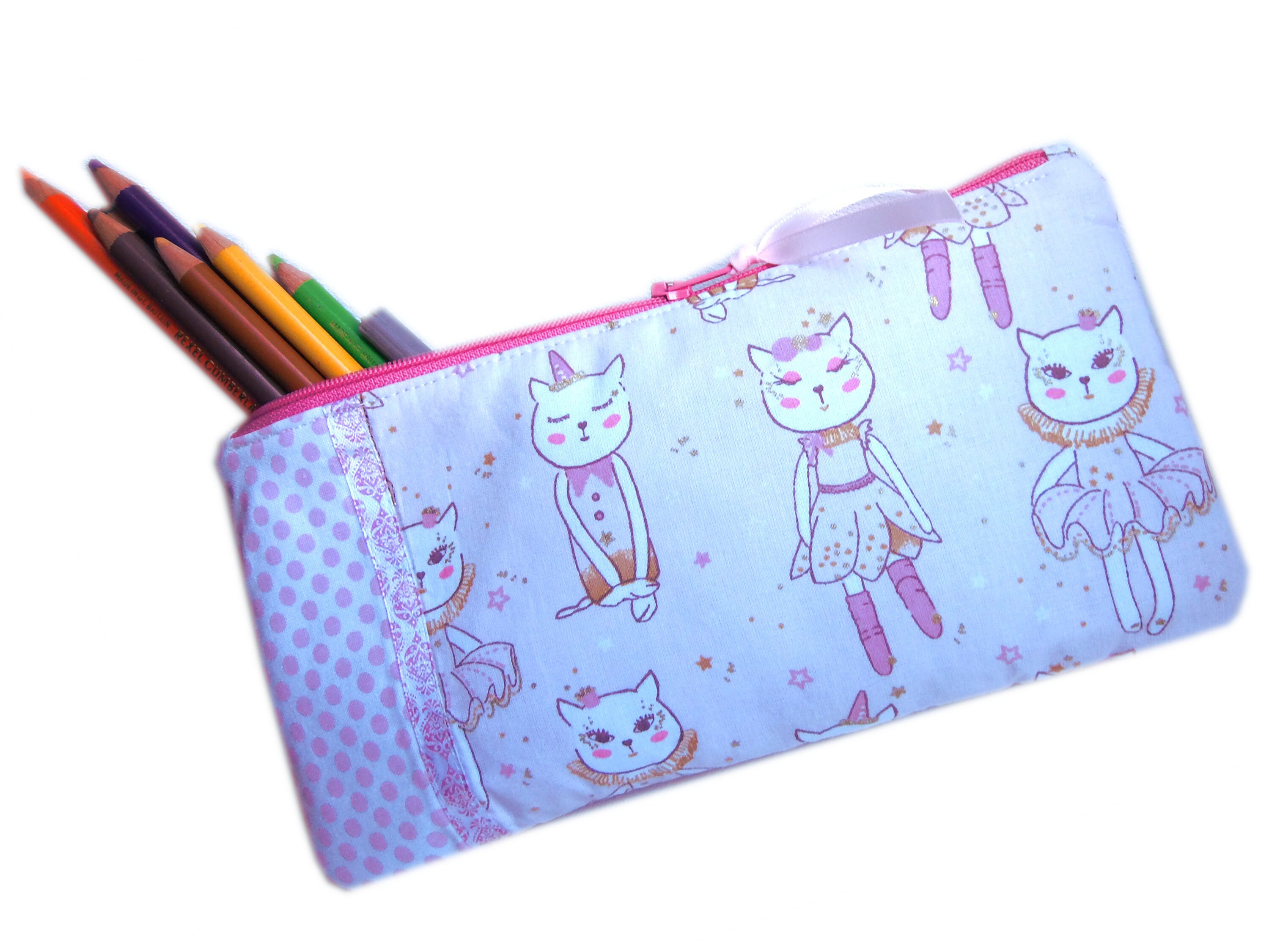 Trousse Rose Rentrée Scolaire Chat et Danse, Trousse Multi Usages Chats, Trousse Maquillage Chats, F