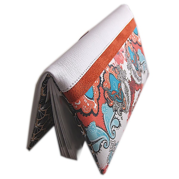 Porte chéquier style baroque simili cuir,porte chéquier turquoise orange blanc,porte chéquier vegan,porte chéquier chic et original