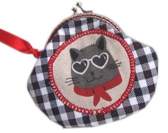 Retro gray cat coin purse, black white check coin purse, cat head purse, black white coin purse, original coin purse