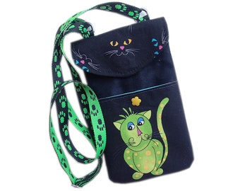 Pochette bandoulière smartphone chat fond noir,housse pour smartphone chat,housse portable chat,housse étui iphone chat,étui housse lunettes