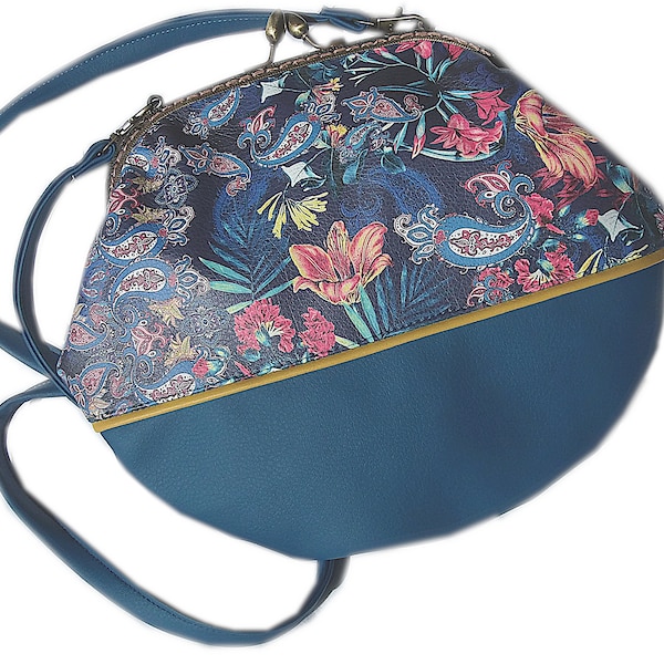 Sac bandoulière rétro à fleurs multicolores, style bohème bleu, vintage hippie chic. Cadeau original pour femme