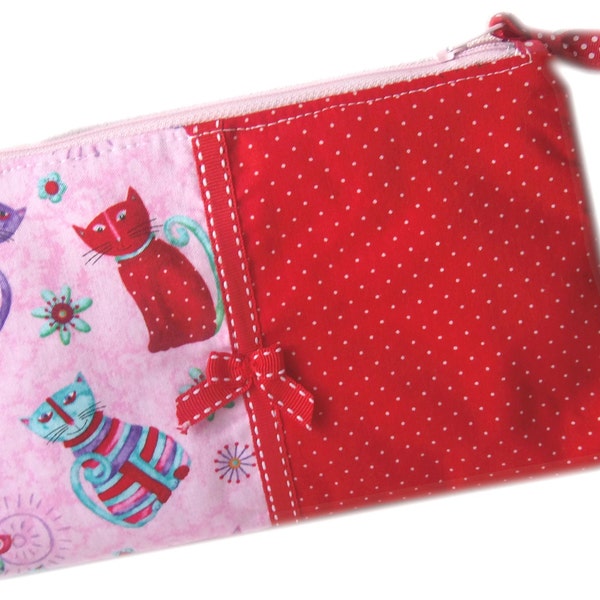 Trousse de maquillage chats multicolores fond rose,trousse pour médicaments,trousse crayons chats et pois,fourre tout chats,trousse animaux