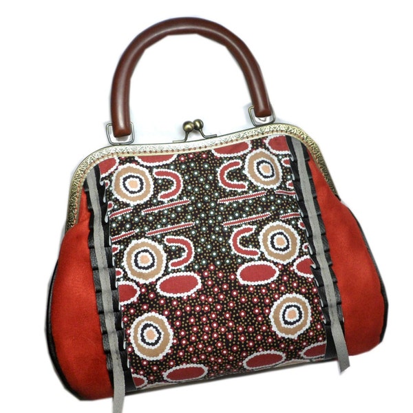 Sac à main rétro ethnique,sac chic avec poignée en bois,sac à main motif aborigène,sac rouille noir,belle idée cadeau femme