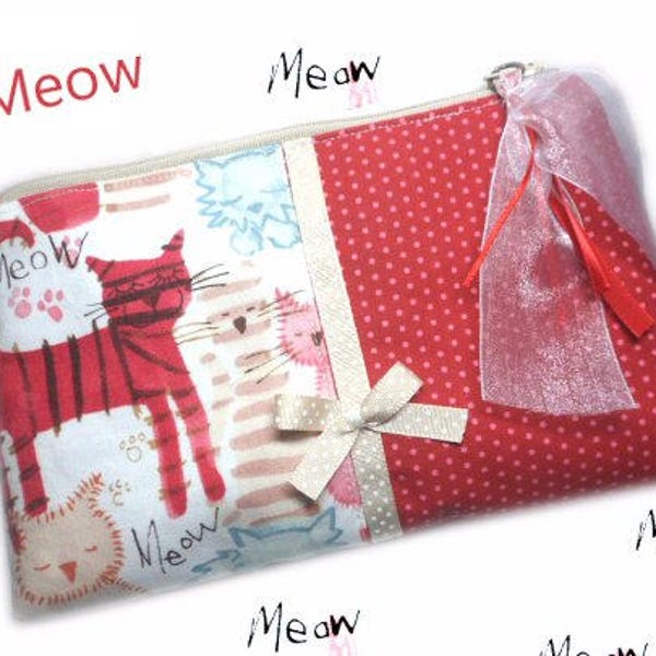 Trousse de maquillage chat tigré,trousse pour médicaments, trousse crayons, fourre tout tissu chats,trousse animaux,trousse rouge blanc bleu