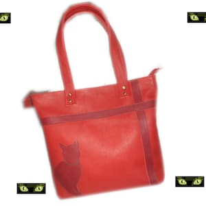 Original tote bag in red leather of French creation, chic and practical, an ideal gift for cat fans image 1