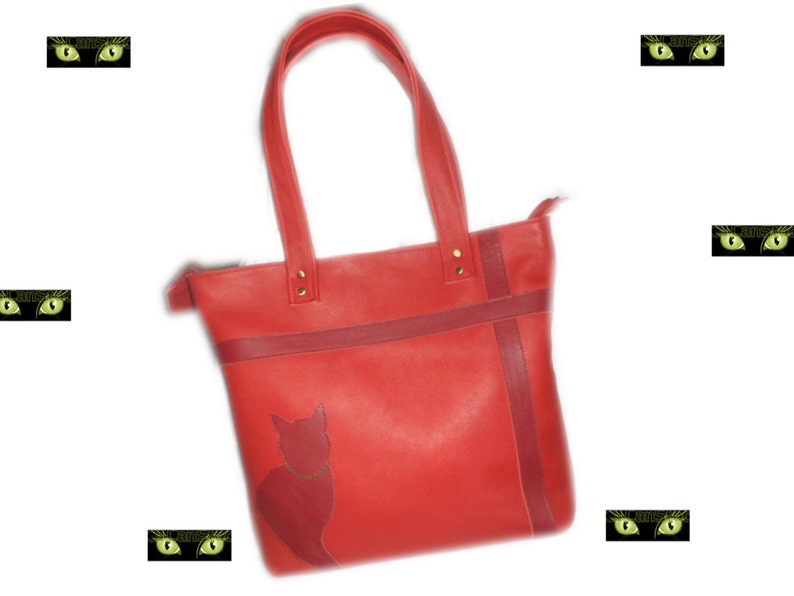 Original tote bag in red leather of French creation, chic and practical, an ideal gift for cat fans image 1