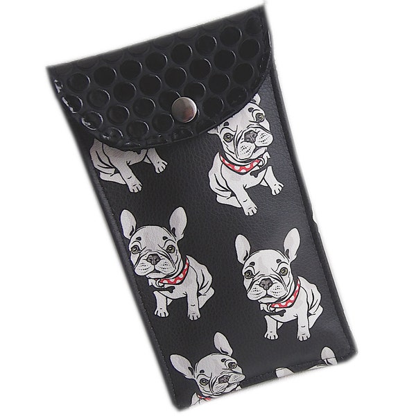 Pochette téléphone simili cuir bouledogue,housse mobile bouledogue français,étui portable noir bouledogue,housse portable fan bouledogue