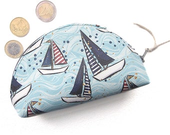 Wallet with zip printed boats, sailboat kit, marine gift, tore all seaside, holiday gift, half moon shape wallet