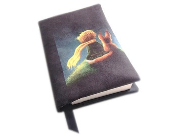 Book protector in suede with fox and child decor: an original gift for readers, for men, women or children