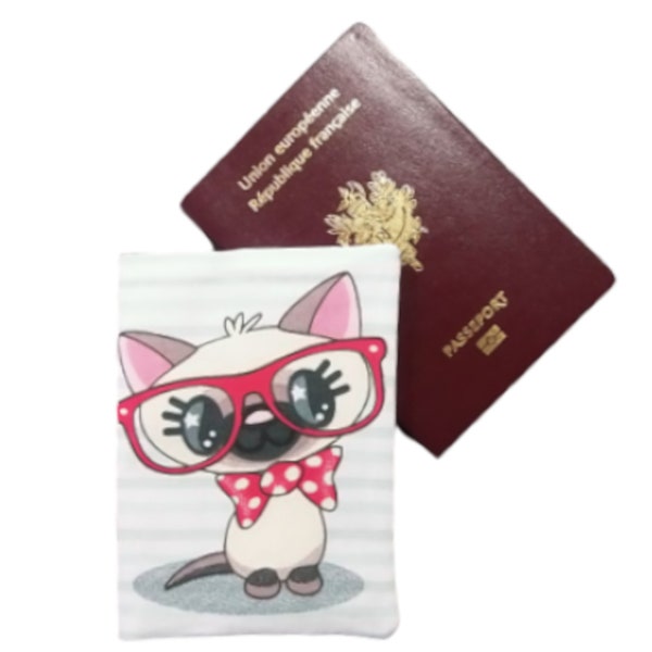 Protège passeport chat siamois à lunettes rouges,étui pour passeport chat lunettes,housse passeport chat lunettes,accessoire de voyage chat