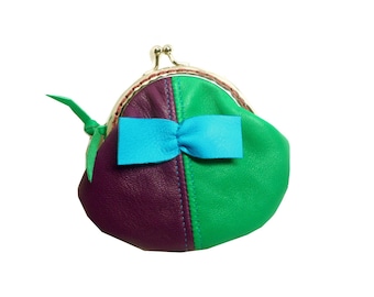 Porte monnaie pour femme en cuir vert et violet, porte monnaie femme style bohème, porte monnaie cuir souple bourse fermoir rétro métallique