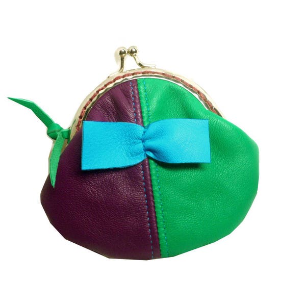 Porte monnaie pour femme en cuir vert et violet, porte monnaie femme style bohème, porte monnaie cuir souple bourse fermoir rétro métallique