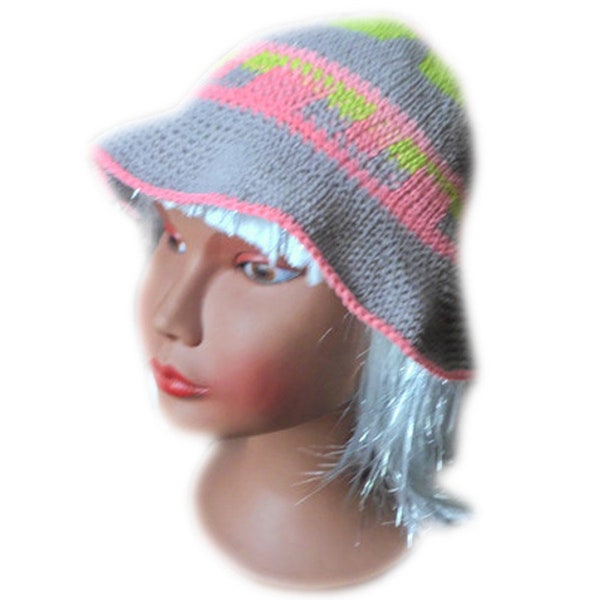 Chapeau coton au crochet pour l'été,vegan,fait main style ethnique wayuu,cadeau femme,chapeau cloche,bohème boho hippie chic,gris anis rose